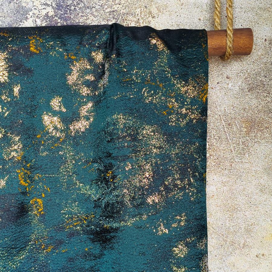 Dark green retro gold wire jacquard woven designer fabric