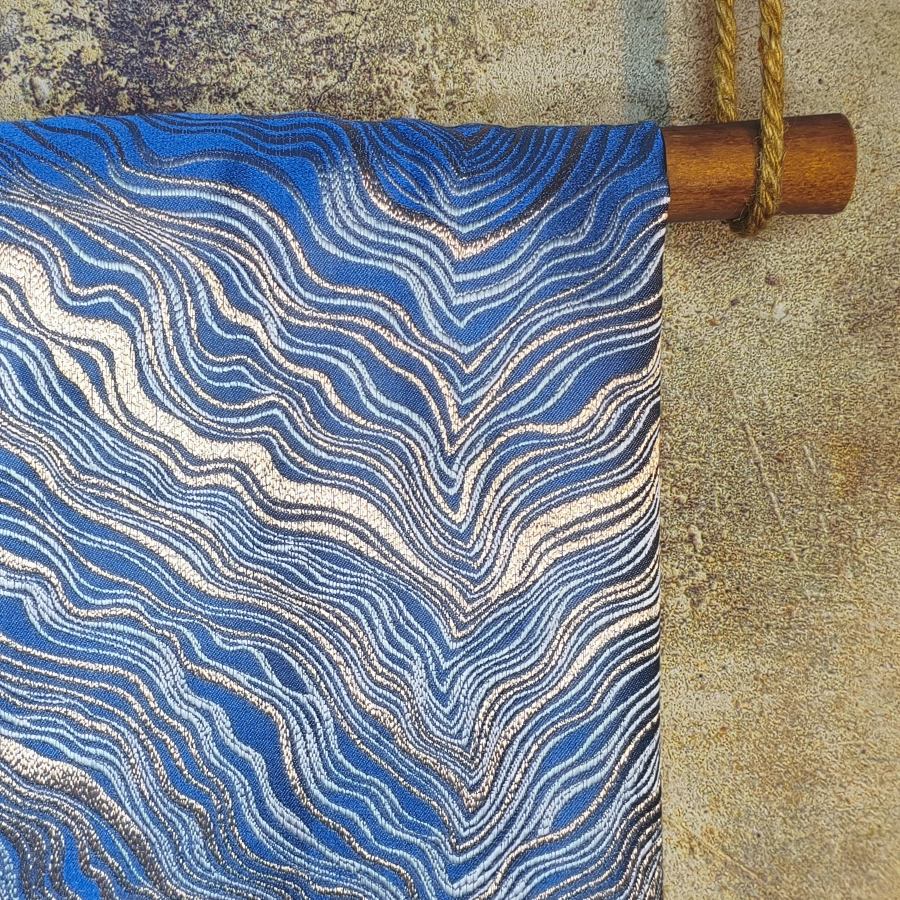 Blue Heavy Industry Gold Wave Stripe Modern Fashion Designer Fabric