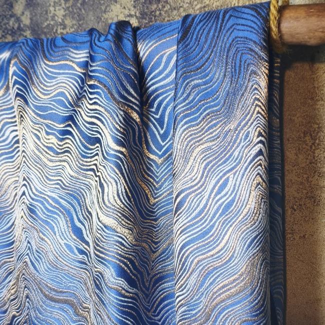 Blue Heavy Industry Gold Wave Stripe Modern Fashion Designer Fabric