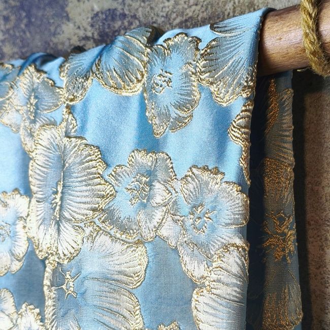 Light blue petal solid relief gold thread designer fabric