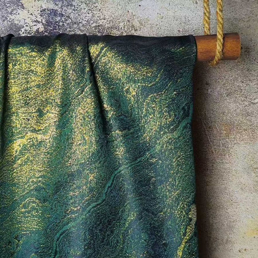 Deep green flowing golden stripes lacquer painting fluid art designer fabric