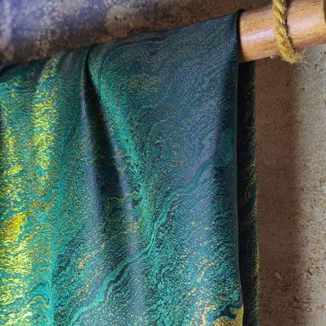 Deep green flowing golden stripes lacquer painting fluid art designer fabric