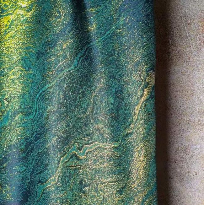 Deep green flowing golden stripes lacquer painting fluid art designer fabric