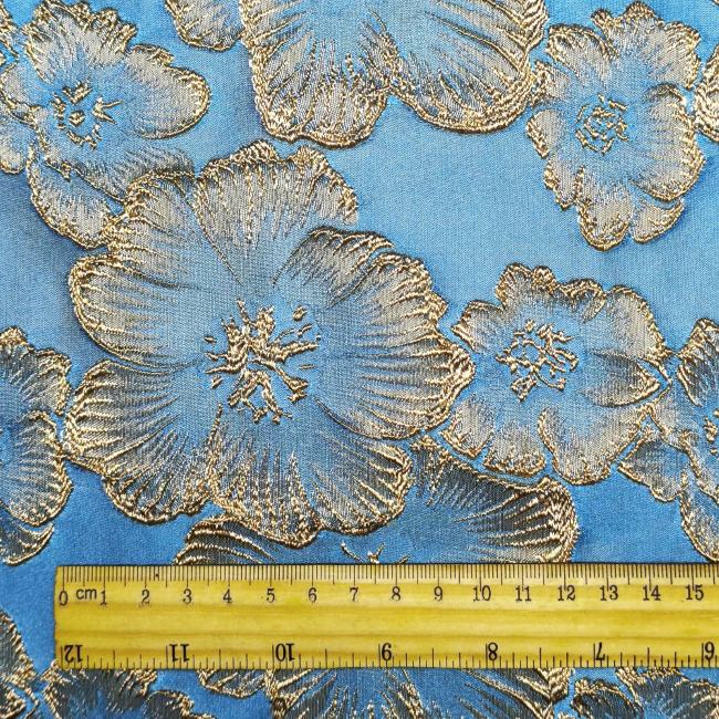 Light blue petal solid relief gold thread designer fabric
