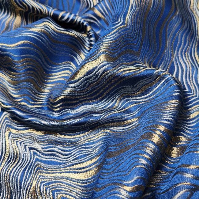 Blue Heavy Industry Gold Wave Stripe Modern Fashion Designer Fabric