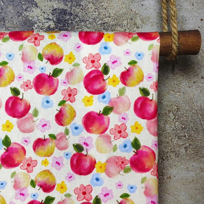 Watercolored Red Apple & Pink Florals Soft DIY Cotton Fabric