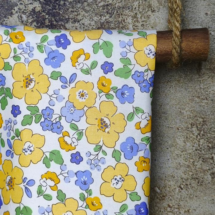 White Based Vibrant Yellow & Periwinkle Floral Patterns  DIY Cotton Fabric