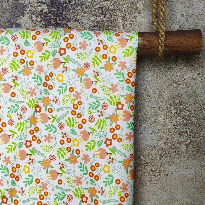 Delicate Peach Tulip Print With Tiny Orange Berries & Green Foliage Accents DIY Cotton Fabric