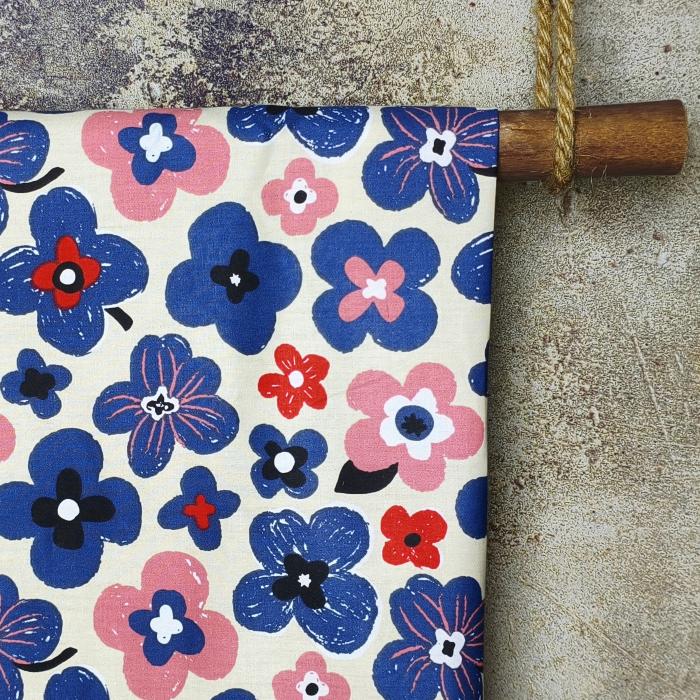 White-Based Irregular Blue Petal Print DIY Cotton Fabric