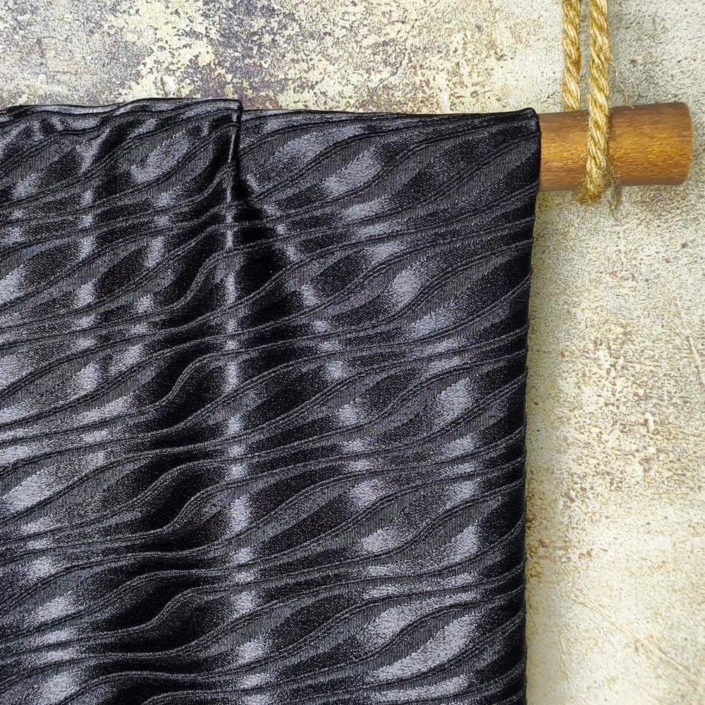Simple black vertical strip wavy pattern glossy fabric