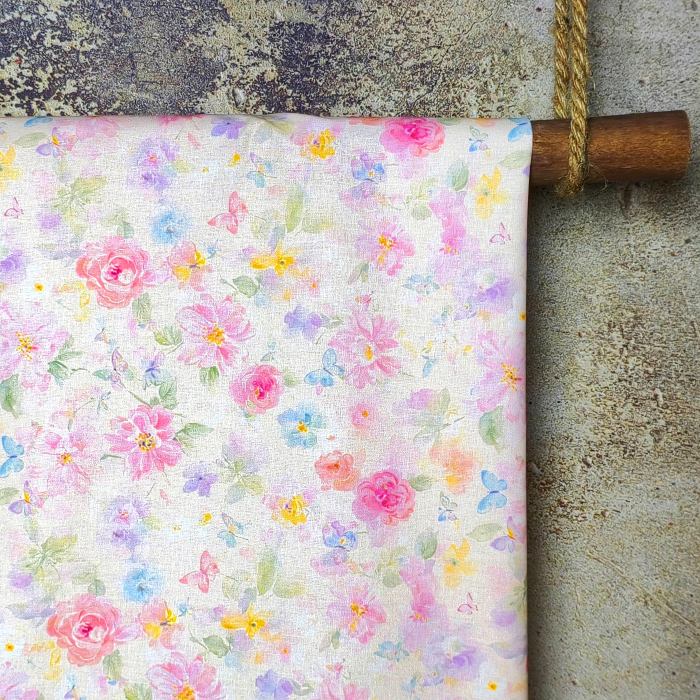Watercolor Pastel Floral & Butterfly  Cotton DIY Fabric (Soft Cream Base)