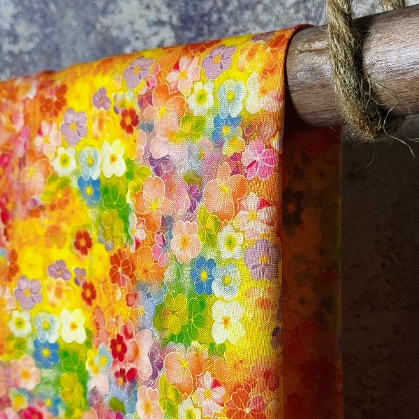 Vibrant Rainbow Mosaic Floral Cotton DIY Fabric