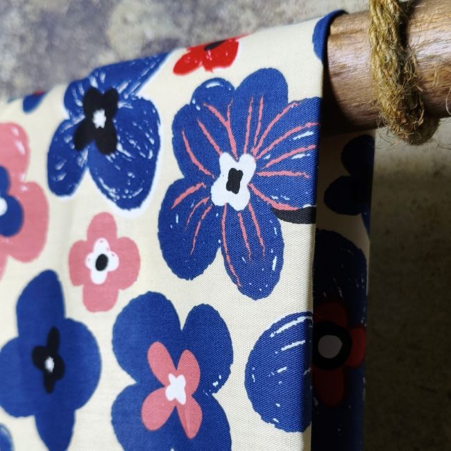 White-Based Irregular Blue Petal Print DIY Cotton Fabric