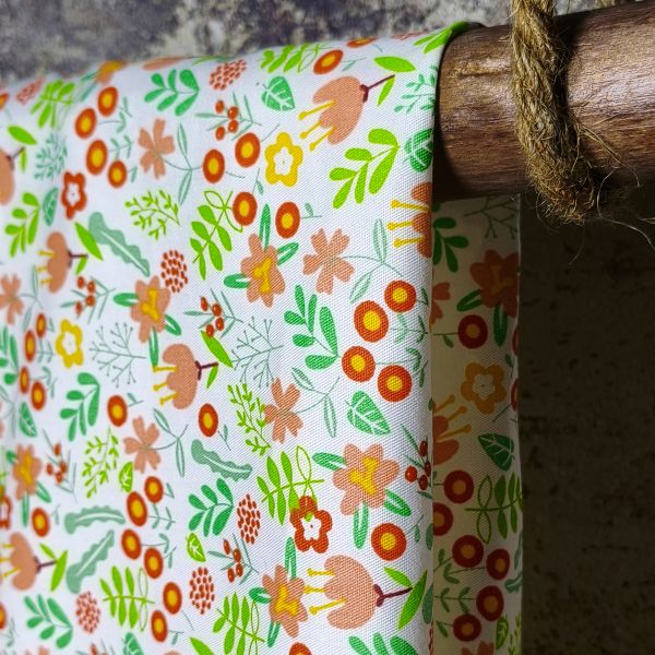 Delicate Peach Tulip Print With Tiny Orange Berries & Green Foliage Accents DIY Cotton Fabric