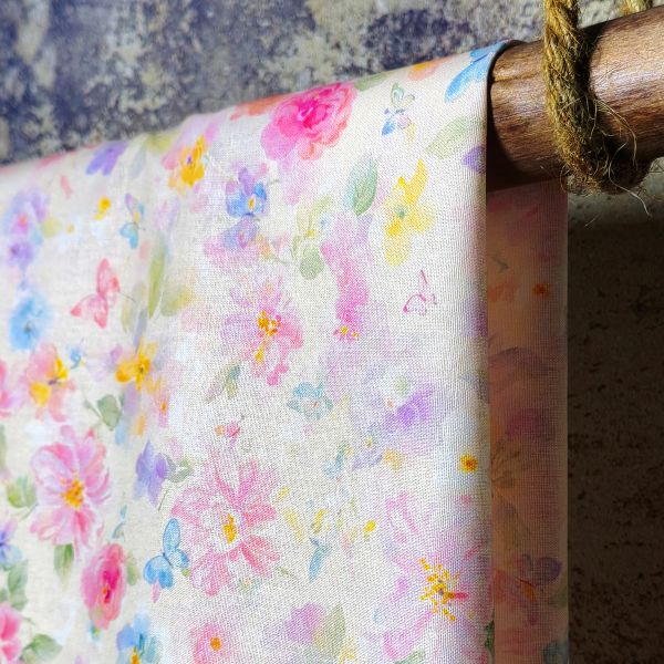 Watercolor Pastel Floral & Butterfly  Cotton DIY Fabric (Soft Cream Base)