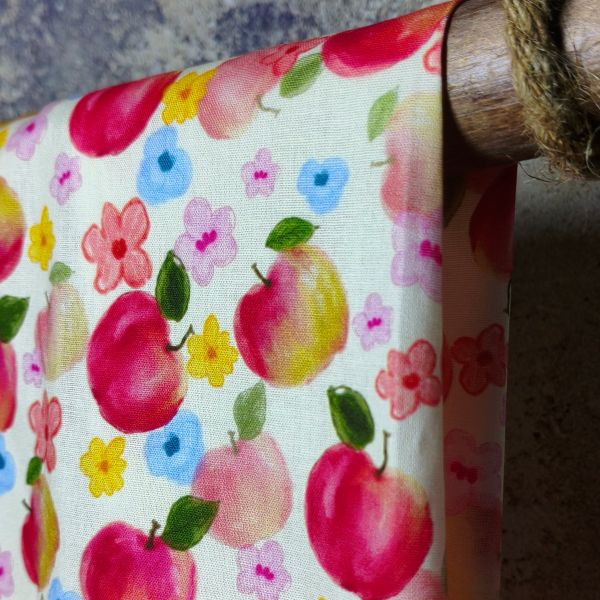 Watercolored Red Apple & Pink Florals Soft DIY Cotton Fabric