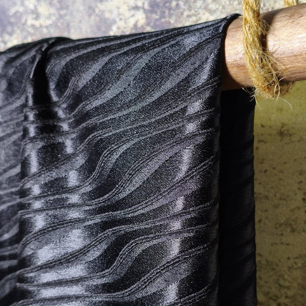 Simple black vertical strip wavy pattern glossy fabric