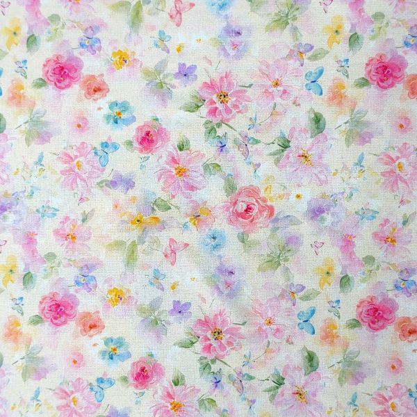 Watercolor Pastel Floral & Butterfly  Cotton DIY Fabric (Soft Cream Base)