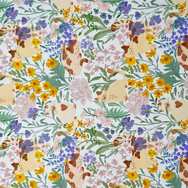 White-Base Cartoon  Ditsy Floral Prints and Cute Kittens DIY Cotton Fabric