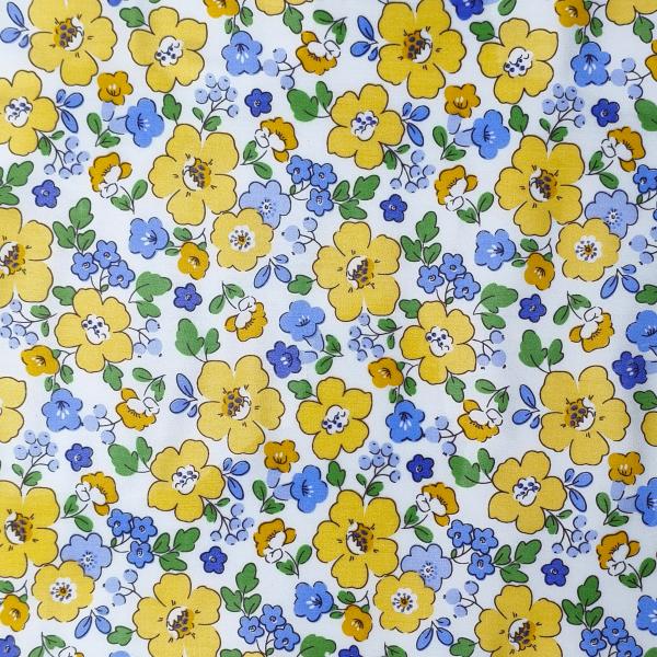 White Based Vibrant Yellow & Periwinkle Floral Patterns  DIY Cotton Fabric