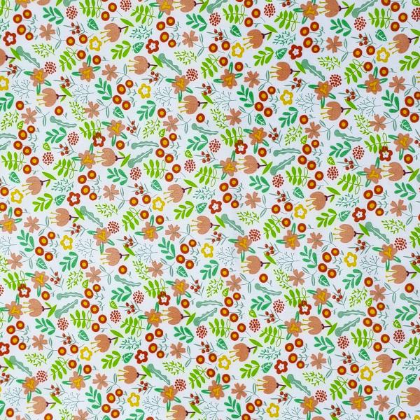 Delicate Peach Tulip Print With Tiny Orange Berries & Green Foliage Accents DIY Cotton Fabric