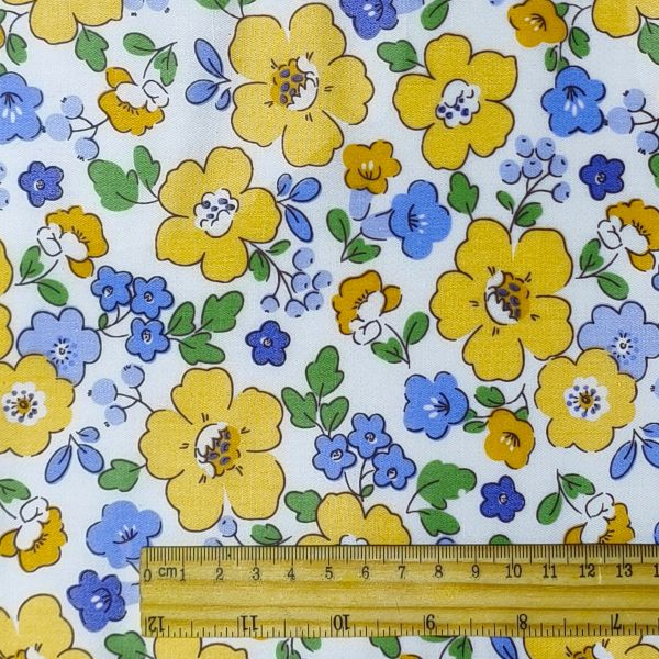 White Based Vibrant Yellow & Periwinkle Floral Patterns  DIY Cotton Fabric