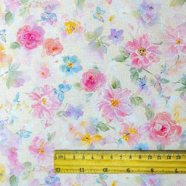 Watercolor Pastel Floral & Butterfly  Cotton DIY Fabric (Soft Cream Base)