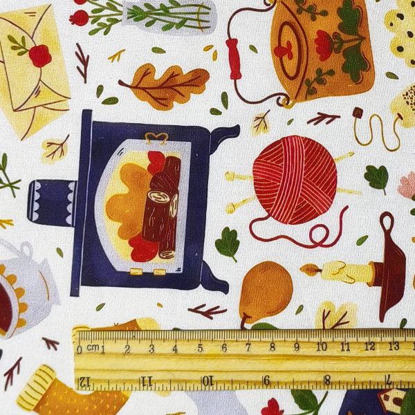 Cream-Based Cozy Autumn Print DIY Cotton Fabric