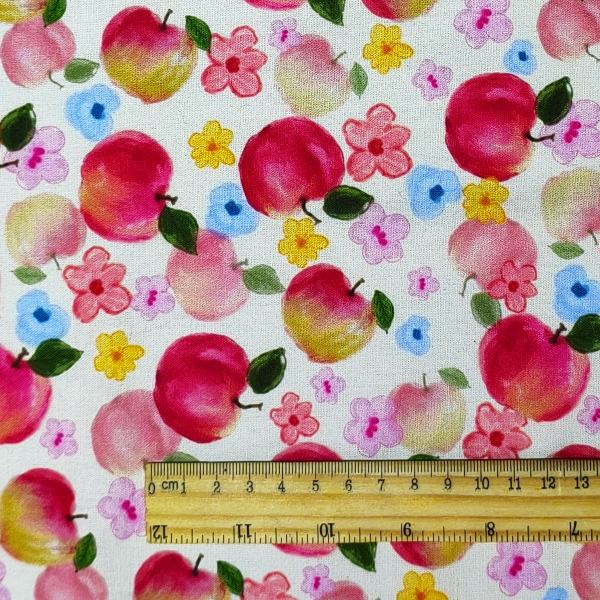 Watercolored Red Apple & Pink Florals Soft DIY Cotton Fabric