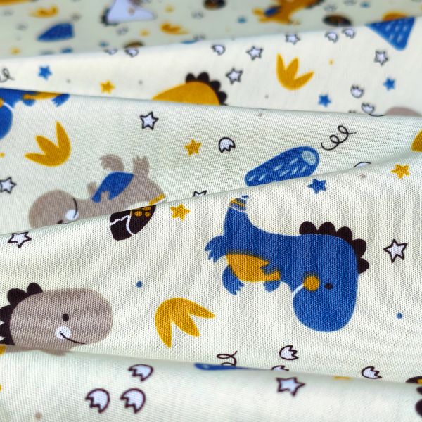 White-Base Cartoon Dinosaur & Vocano DIY Cotton Fabric
