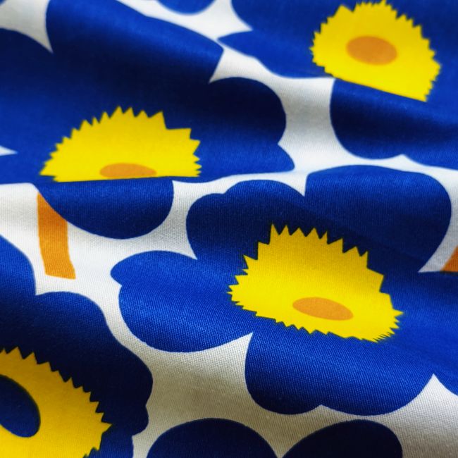 White-Based Irregular Blue Petal Print DIY Cotton Fabric