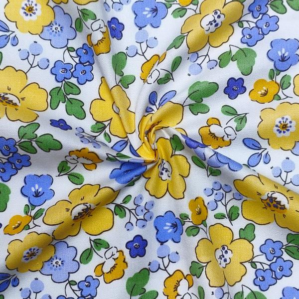 White Based Vibrant Yellow & Periwinkle Floral Patterns  DIY Cotton Fabric