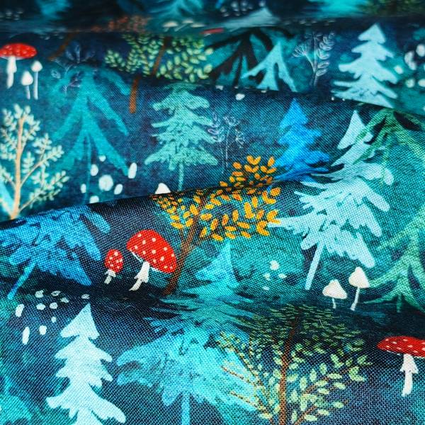 Teal-Toned Winter Pine Trees Forest DIY Cotton Fabric