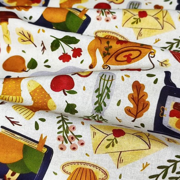 Cream-Based Cozy Autumn Print DIY Cotton Fabric