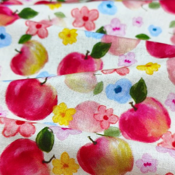Watercolored Red Apple & Pink Florals Soft DIY Cotton Fabric