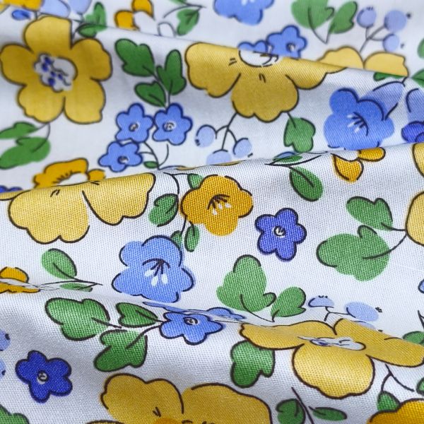 White Based Vibrant Yellow & Periwinkle Floral Patterns  DIY Cotton Fabric