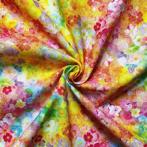 Vibrant Rainbow Mosaic Floral Cotton DIY Fabric